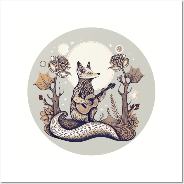 Cottagecore Moon, Fox Playing Acoustic Guitar Wall Art by Apocatnipse Meow